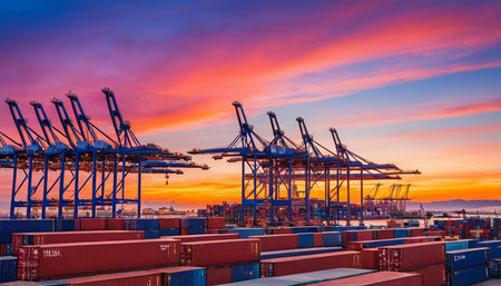 Container Cargo freight ship with working crane bridge at sunset for Logistic Import Export backgroundの素材