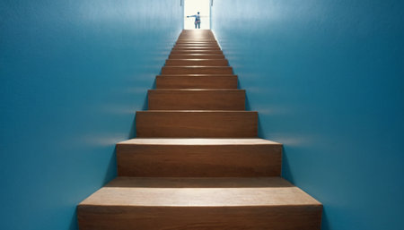 Wooden stairs in a blue wall with light coming from the endの素材