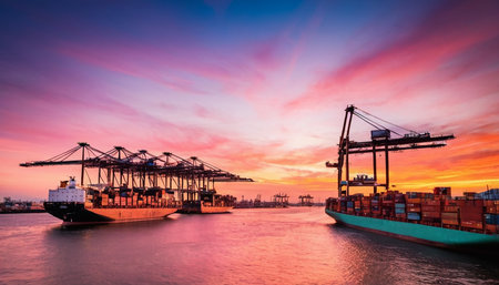 Container Cargo freight ship with working crane bridge at sunset for Logistic Import Export backgroundの素材
