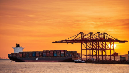 Container Cargo freight ship with working crane bridge at sunset for Logistic Import Export backgroundの素材