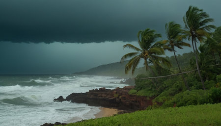 Stormy seascape with palm trees and rocks. Sri Lankaの素材