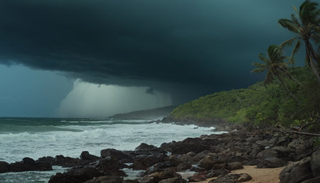 Stormy sky over the ocean, Sri Lanka. Stormy sea.の素材