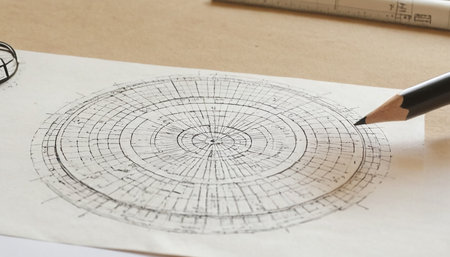 Architectural drawing of a circle on a white sheet of paperの素材