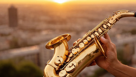Saxophone in the hands of a musician on the background of the sunsetの素材