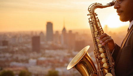 African american jazz musician playing the saxophone on sunset background.の素材