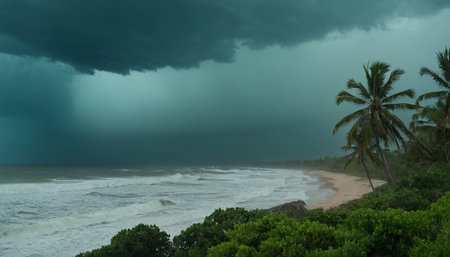 Tropical beach with palm trees and stormy sky, Sri Lankaの素材