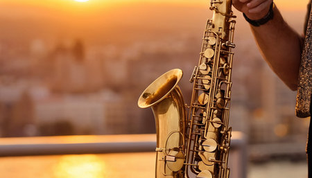 Saxophone in the hands of a musician on the background of the sunsetの素材