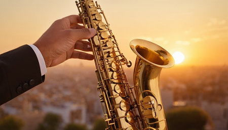 Saxophonist hands playing on saxophone on sunset cityscape backgroundの素材