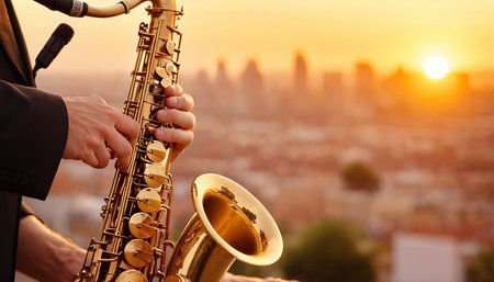 Saxophonist plays on the background of the city at sunset.の素材