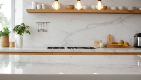 Blurred image of white marble countertop in modern kitchen interior for background usage.の素材