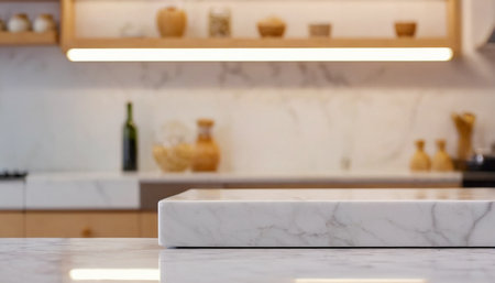 White marble countertop in modern kitchen with blurred background. Mock upの素材