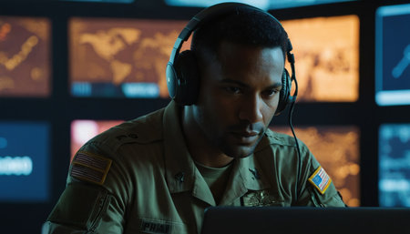 Portrait of confident African American pilot wearing headphones and looking at camera while working on laptopの素材
