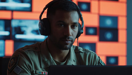Portrait of security guard in headset working with laptop in surveillance roomの素材