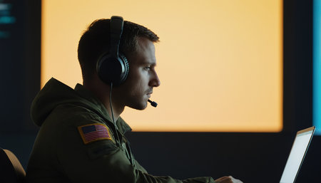 Side view of a male soldier in headphones using a laptop computer while sitting in an officeの素材