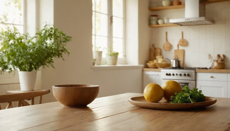 Lemon and salad in wooden bowl on wooden table in modern kitchenの素材