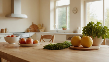 Kitchen interior with wooden table, vegetables and fruits, selective focusの素材