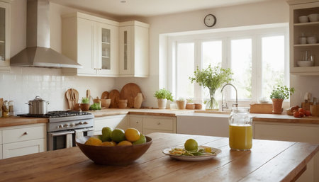 Kitchen interior with oranges, lemons and juice in a bottleの素材