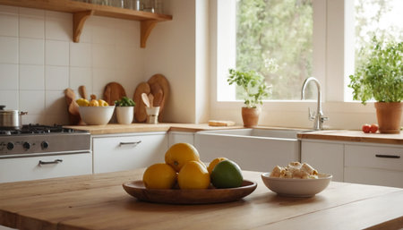 Fresh fruits on a wooden table in a modern kitchen. Selective focus.の素材
