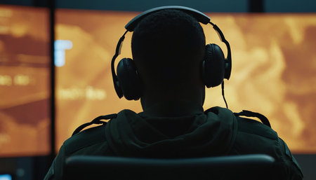 Rear view of a young man in headphones sitting in front of the monitor and listening to musicの素材