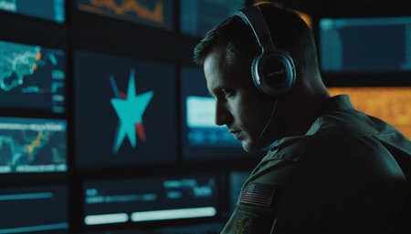 Portrait of male security guard wearing headphones and looking at monitors in surveillance roomの素材