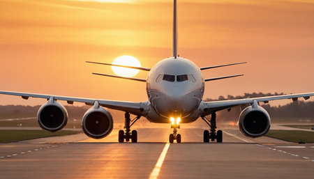 Airplane on the runway at sunset, close-up view.の素材