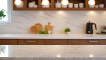 Empty white marble table and blurred kitchen background, product display montageの素材