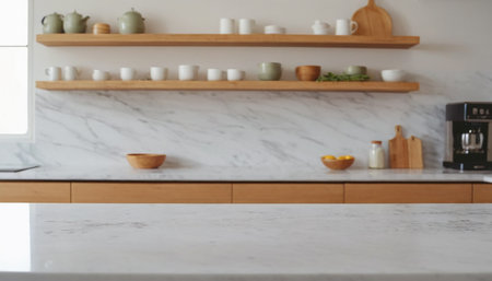 Blurred image of modern kitchen with white marble table and countertopの素材