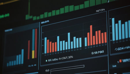 Stock market data on LED screen. Abstract stock market data on LED. Stock market data on LED background. Abstract stock market data on LED. Global financial graph analysis concept.の素材