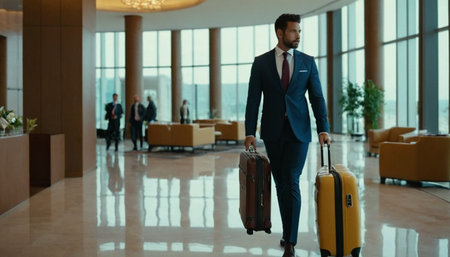 Businessman walking in the lobby of a modern hotel with a suitcaseの素材