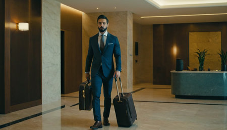 Businessman walking in hotel lobby, holding suitcase and looking at camera.の素材