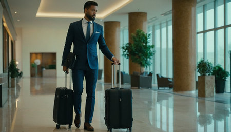 Young african american businessman walking with luggage in hotel lobby.の素材