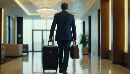 Rear view of young businessman walking with suitcase in hotel lobby.の素材