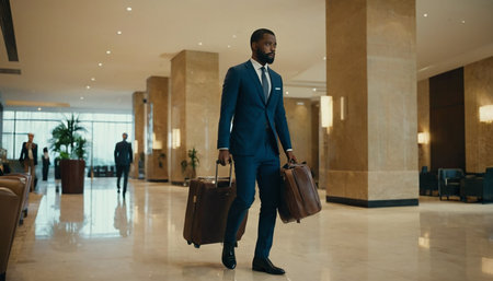 Young african american businessman walking with suitcase in hotel lobby.の素材