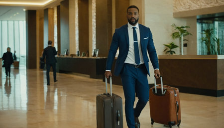 Portrait of a handsome young African businessman walking with luggage in hotel lobbyの素材