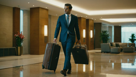 Businessman walking with luggage in hotel lobby. Business travel concept.の素材