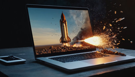 Conceptual image of rocket taking off from laptop screen. Mixed mediaの素材