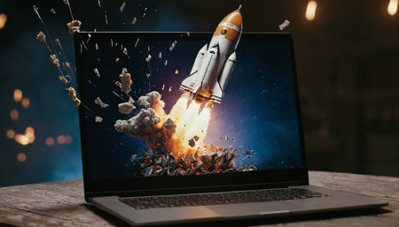 Laptop with flying rocket on screen. Start up concept. 3D Renderingの素材