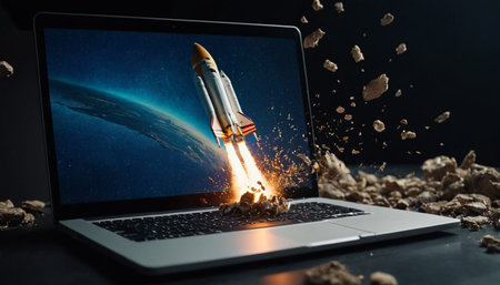 Rocket coming out of a laptop screen. Mixed media. Mixed mediaの素材