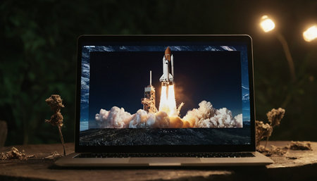 Laptop with space rocket on screen. Start up concept. 3D Renderingの素材