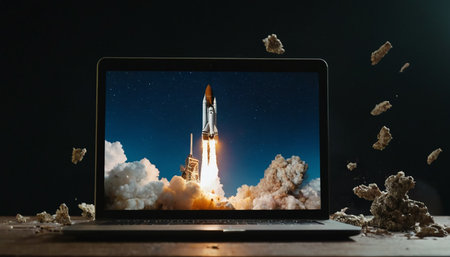 Rocket launch from laptop screen. Success and startup concept. Mixed mediaの素材