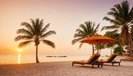 Beautiful Silhouette palm tree with umbrella and chair on the beach and sea - Vintage Filter and Boost up color Processingの素材