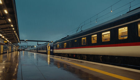Train at the railway station in the evening. Russia, St. Petersburgの素材