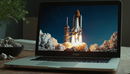 Laptop screen displaying a start up concept with a rocket in the foregroundの素材
