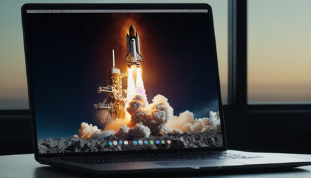 Laptop with rocket on screen. Startup concept. 3d renderingの素材