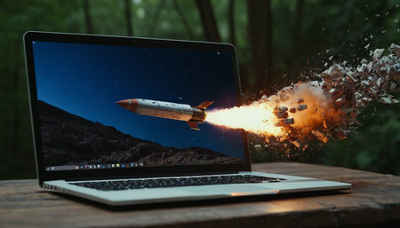 Laptop with flying rocket in the forest. 3d rendering.の素材