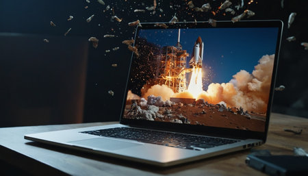 Laptop with rocket launch on screen. Mixed media. Mixed mediaの素材
