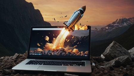 Rocket launching from a laptop. Mixed media. Mixed media. Mixed mediaの素材