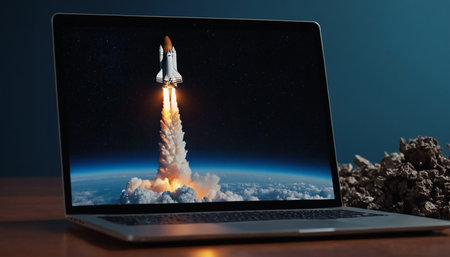 Rocket launching from a laptop. 3d rendering. Computer generated image.の素材