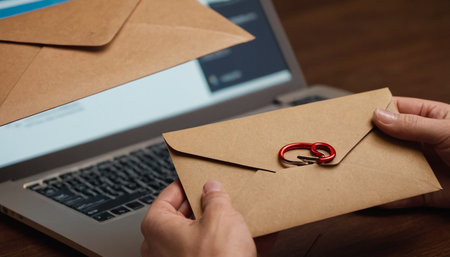 Close-up of male hands holding envelope with wedding ring and laptopの素材