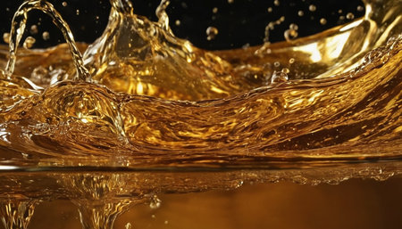 splash of golden liquid on a black background close-up macroの素材